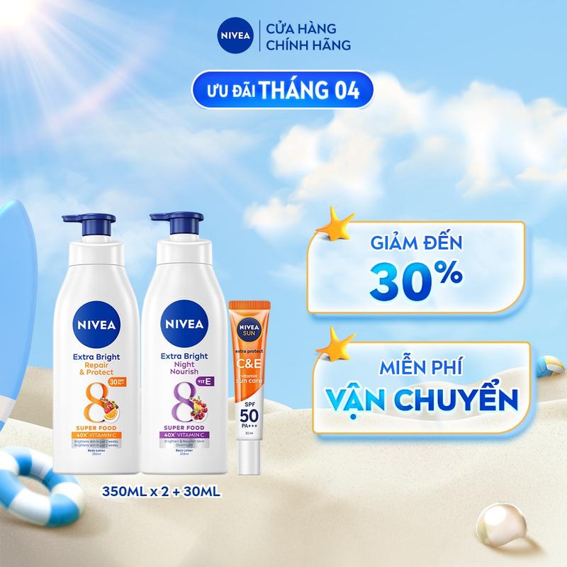 Bộ 3 Sản phẩm Gồm Sữa Dưỡng Thể NIVEA Sáng Da Ban Đêm (350ml) và NIVEA Phục Hồi, Chống Nắng Ban Ngày Từ 8 Super Foods (350 ml) - 98412x2+88311 + Serum Chống Nắng NIVEA SUN Vitamin C&E Dưỡng Da Sáng Khỏe (30 ml) - 98318 dưỡng body
