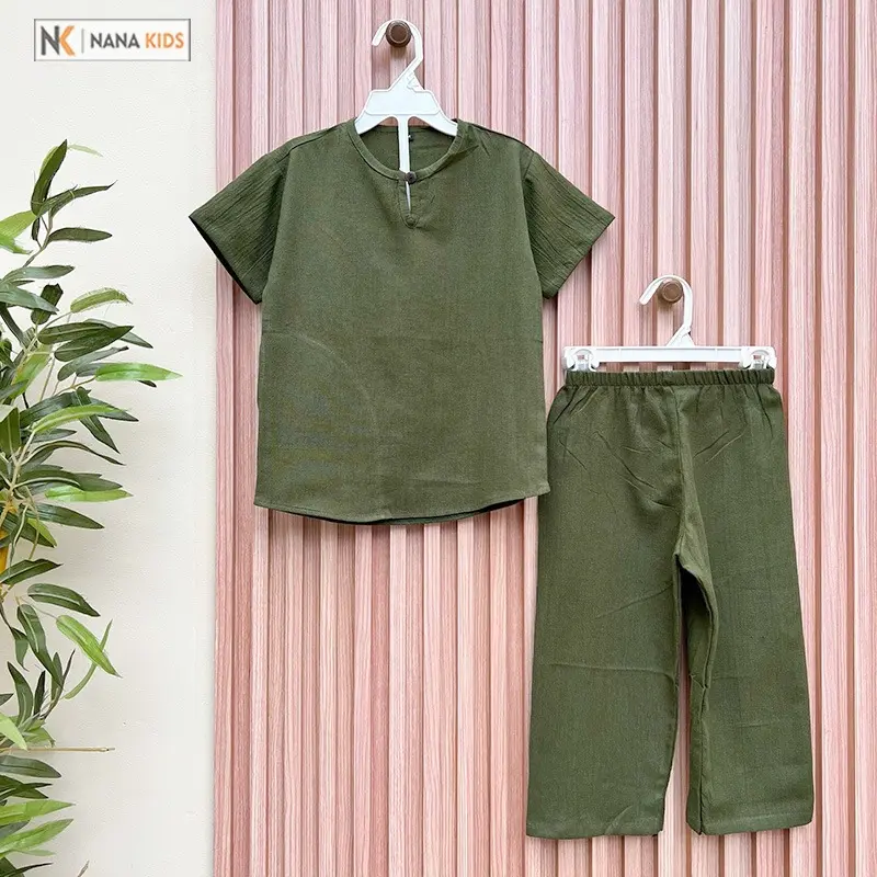 JM Kids - Setelan Baju Muslim Anak Laki Laki / Setelan Koko Lengan Pendek Celana Panjang Usia 1-8 Tahun / Setelan Baju Anak Laki Laki Model Kancing Buttonwood 2