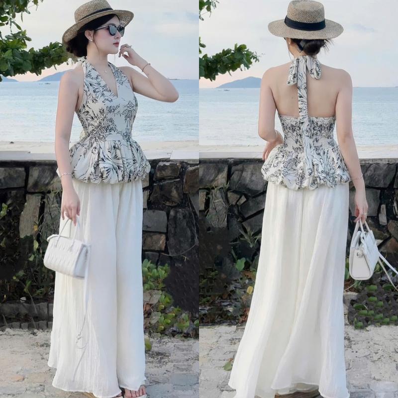Set bộ áo yếm hở lưng hoạ tiết phong cách vintage dịu dàng đi biển( quần đũi 2 lớp ống rộng)