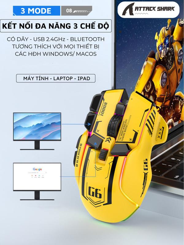 Chuột Gaming Không Dây Attack Shark G6  3 Chế Độ Kết Nối, App Tùy Chỉnh Gaming, DPI 4000, 13 Chế Độ Đèn RGB 3