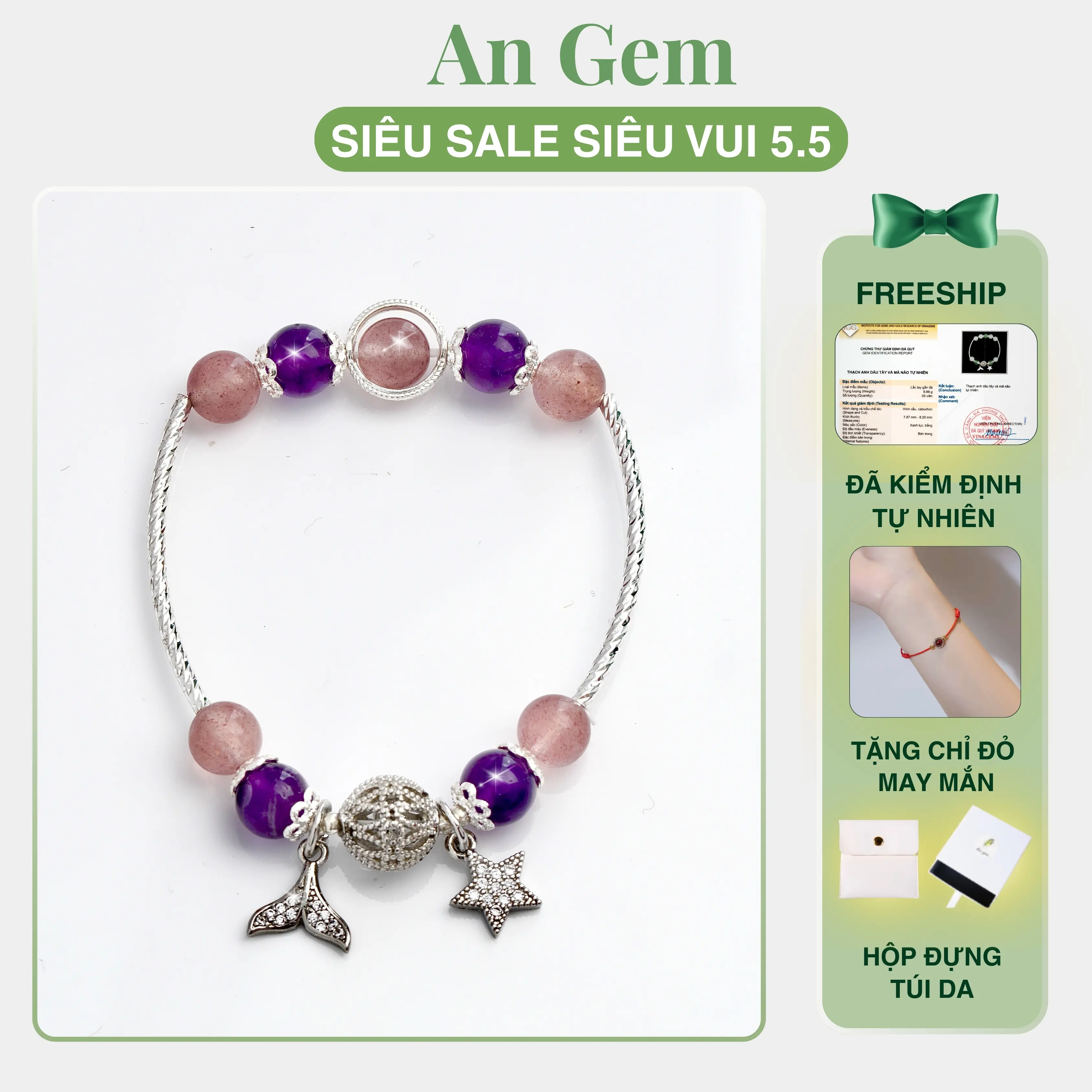 Vòng tay đá An Gem đá TA tím- dâu hồng mix charm may mắn phụ kiện Bracelet đeo tay nữ quà tặng sinh nhật giáng sinh Noel Tết Valentine [TẶNG VÒNG CHỈ ĐỎ]