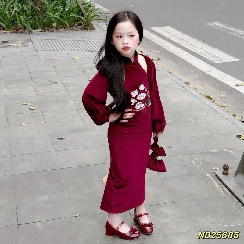 SET ÁO CHOÀNG NHUNG kèm VÁY yếm dáng dài thêu hoa Sen +Túi cho bé gái diện Tết 9-30kg