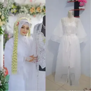 Kimono Robe Organza Payet Dada Panjang Wanita untuk Pengantin dengan Lengan 2 Layer Gaun Mutiara Dress