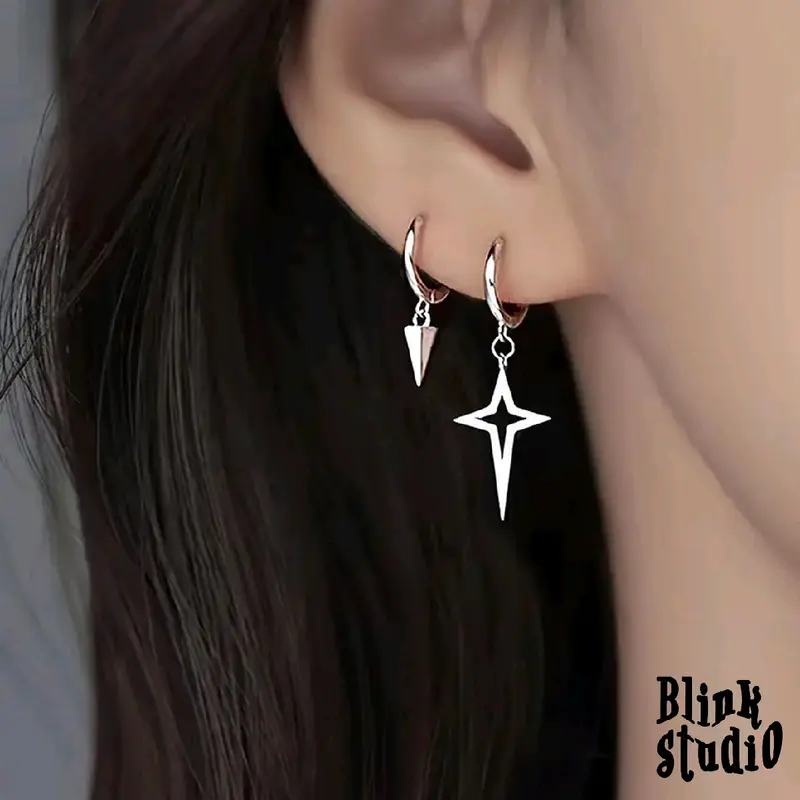 devanka earring - (anting tindik) model bintang dan geometri kerucut / set 2pcs bahan titanium anti karat cocok untuk pria maupun wanita anting  bintang cowok bintang y2k 2