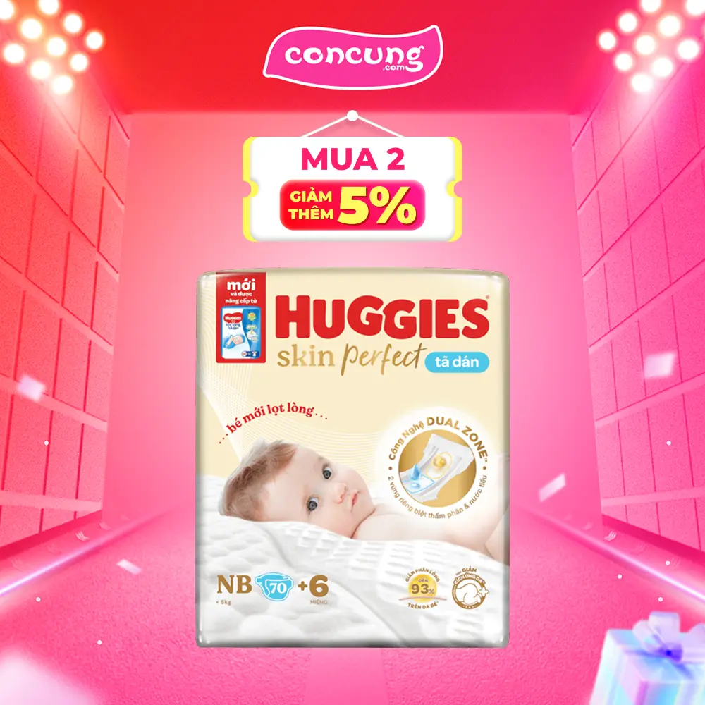 Tã dán lọt lòng Huggies Skin Perfect (Newborn, dưới 5kg, 70 miếng)