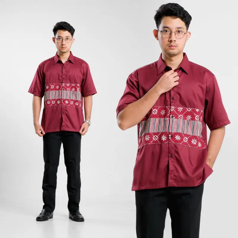 Kemeja Batik Pria Katun Lengan Pendek Casual Kombinasi Motif Modern Baju Kantor Muslim Koko 7