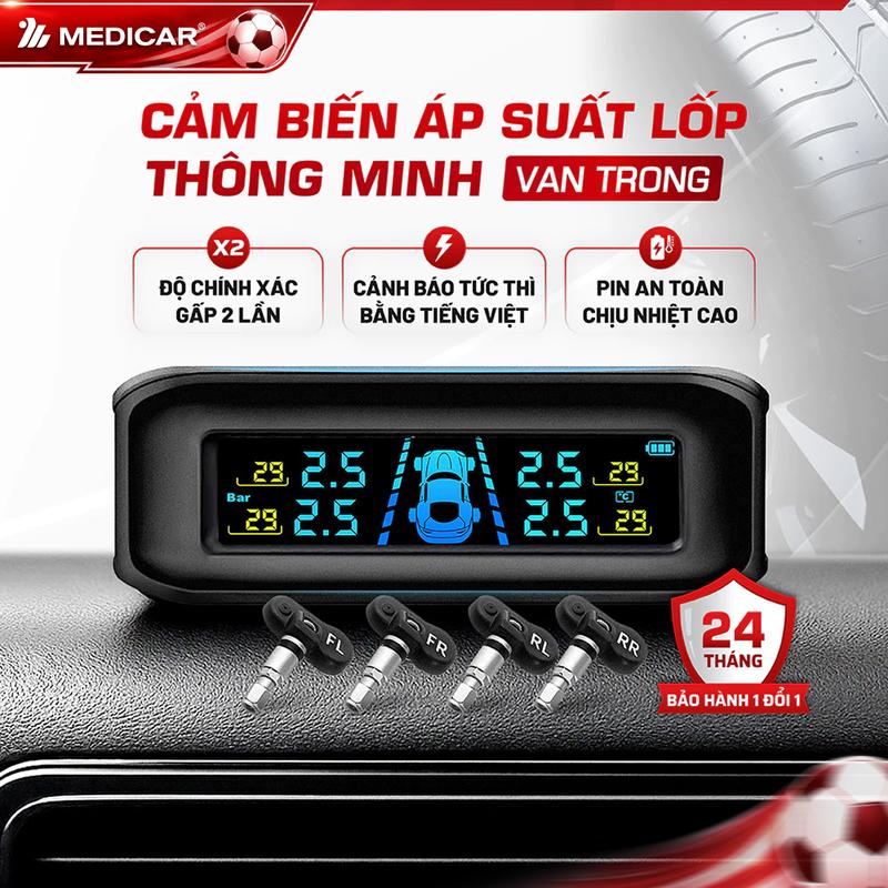 Cảm biến áp suất lốp ô tô TPMS thông minh Medicar - thông báo tiếng việt, pin…