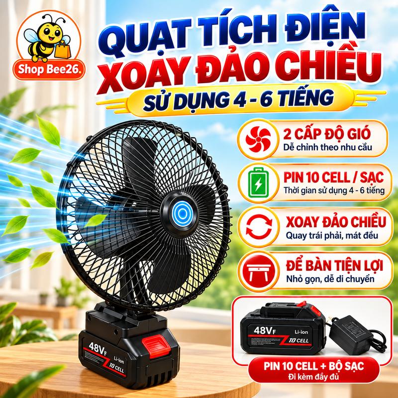 Quạt Tích Điện Xoay Đảo Chiều + Pin, Tặng Kèm Sạc, Quạt Để Bàn Chân Phổ Thông, Tiện Lợi, Dễ Sử Dụng