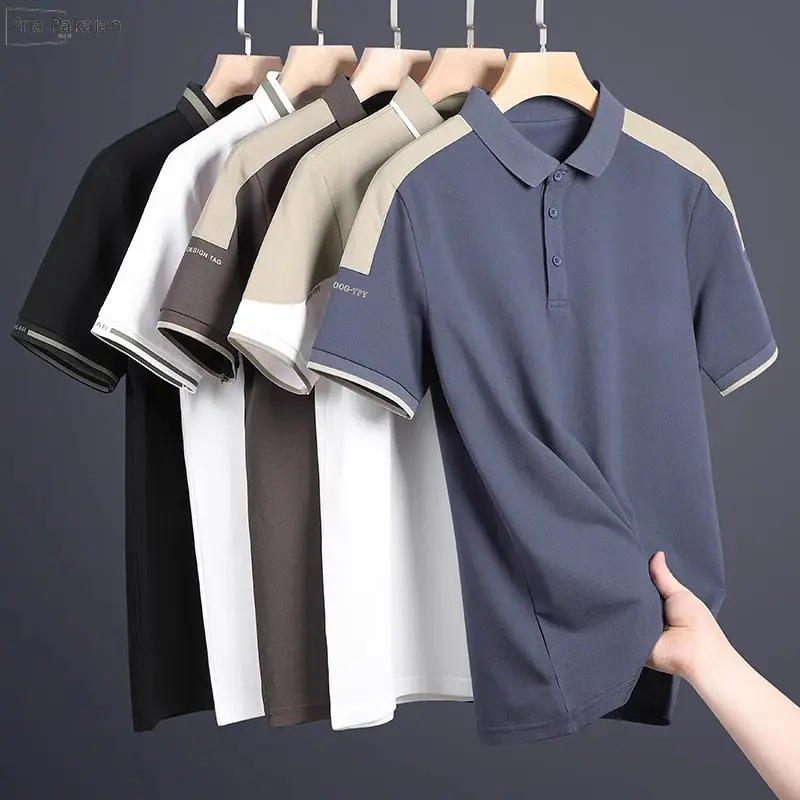 Kaos tambal sulam pria, kemeja kerah tegak pria, 100% asli, kaos polo bergaya, kaos longgar, atasan kasual pria 0