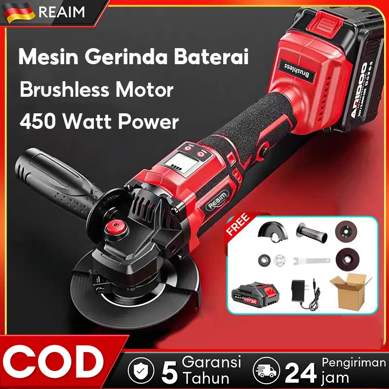 Reaim Gerinda baterai cordless brushless Mesin Gerinda tangan lengkap 4 mata Angle grinder elektrik Gurinda tangan batrei Gerind cas elektrik Grindra casan lengkap portable set Potongan keramik pake batre mini Gerenda satu set batrai