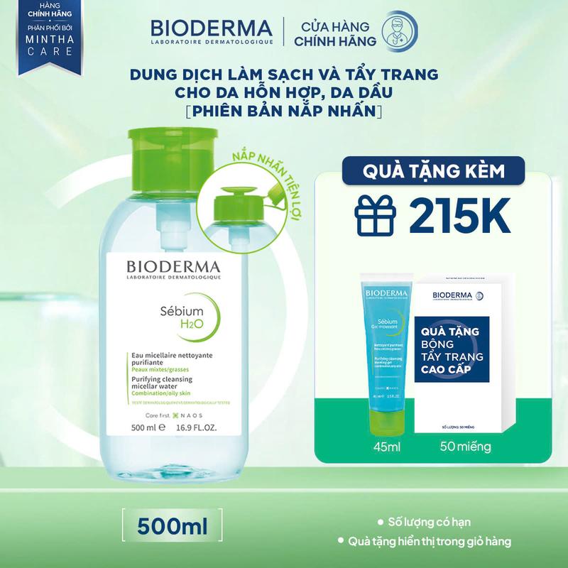 [Nắp Nhấn] Dung dịch làm sạch và tẩy trang Micellar cho da hỗn hợp và da dầu Bioderma Sébium H2O - 500ml