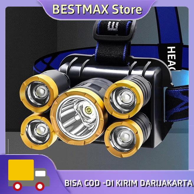 Senter Kepala 5 LED 3 LED Super Terang USB Rechangeable Waterproof Anti Air 45w 4Mode Cahaya Putih Lampu Camping Lighting 0