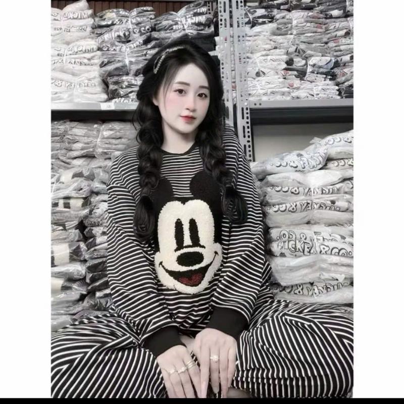  Sét bộ đồ nữ sọc kẻ ngang dài tay thêu xù chuột MICKEY siêu dễ thương M13597 