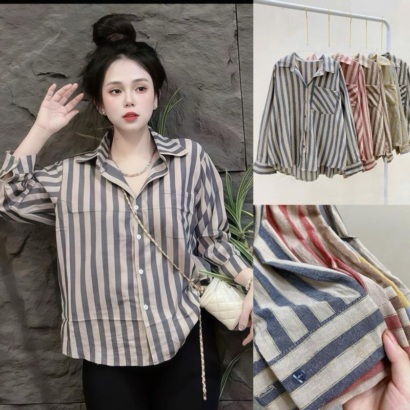 Áo Sơ Mi Dài Tay Bigsize Áo Sơ Mi Hoạ Tiết Sọc Lớn Basic Vải Linen Sọc Mặc Mát Cho Nữ Chuppy 50-92Kg - A291
