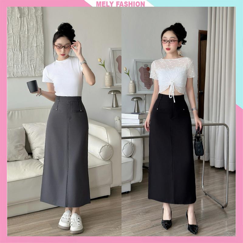Chân váy chữ A dáng dài 85cm Mely Fashion cạp cao tôn dáng che giấu bụng có xẻ sau có bigsize đi làm đi chơi CV119