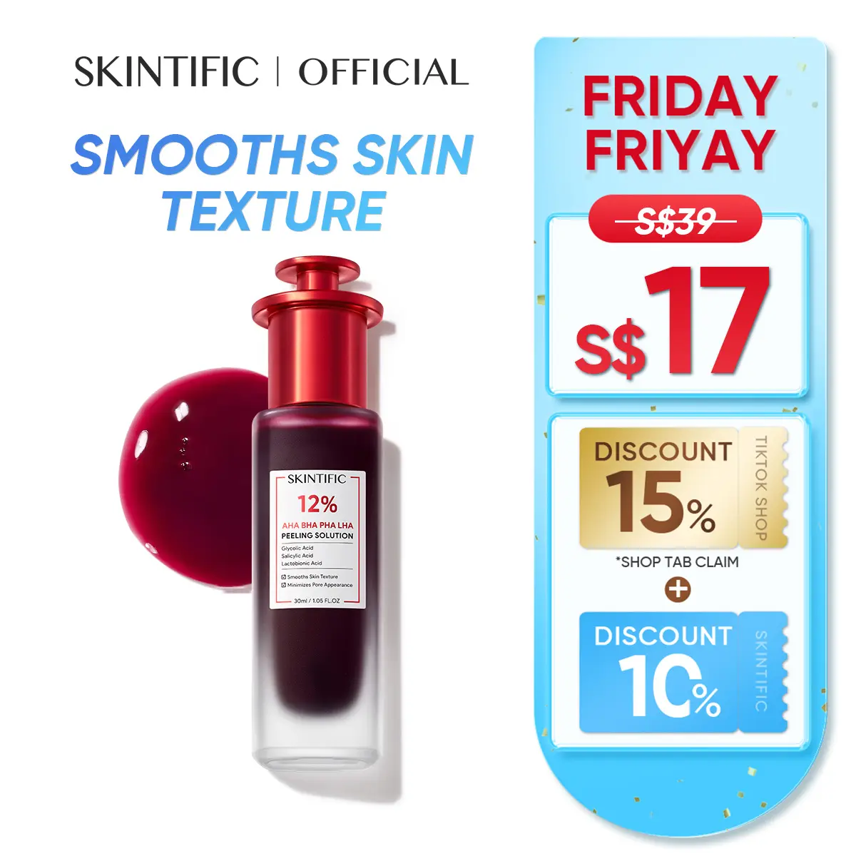 [SKINTIFIC OFFICIAL] SKINTIFIC AHA BHA PHA LHA Peeling Solution Serum 30ml EXFOLIATE RADIANCE Brighten Refines skin texture Whitening Brightening for Dark Spot Acne-prone