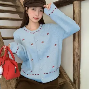 Mushroom Embroidered Casual Outer Knitwear Cardigan Atasan Wanita Autumn Gentle Loose Lazy Sweater Coat Top