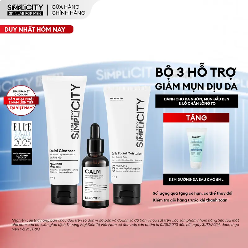 Bộ sản phẩm hỗ trợ chăm sóc da mụn nhẹ & vừa cho nam Men Stay Simplicity Acne Relief Skincare Trio gồm: Sữa rửa mặt 100g, Serum Calm 30ml & Kem dưỡng ẩm 80g 0