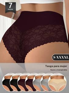Tanga de encaje de cintura alta para mujer, bragas suaves y transpirables cómodas, ropa interior sexy invisible multicolor, paquete de 7, tallas S–XXL