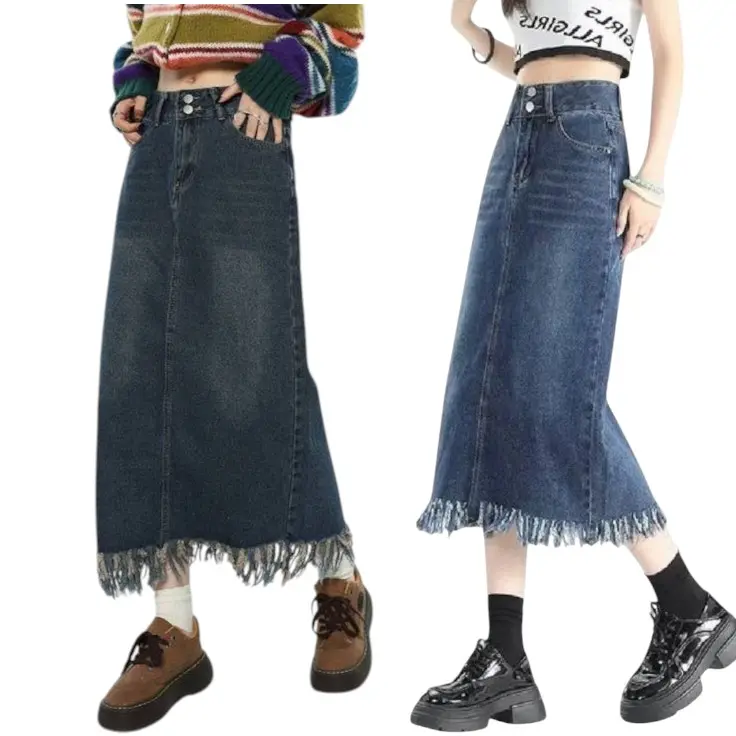 ALYA - Denim Skirt Rok Jeans S05 Vintage Midi Skirt Jeans Rawis A-line Kancing 2 Rok Jeans Wanita Korea Style Rok Jeans Highwaist Rumbai 3