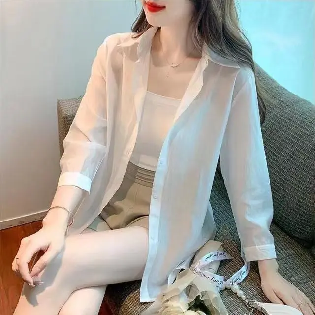 Áo Sơ Mi Chống Nắng, Phong Cách Mùa Hè, Dành Cho Nữ, Thiết Kế Thắt Nơ Lưng Mềm Mại, Thích Hợp Cho Kỳ Nghỉ Bờ Biển Trang Phục 2024 Top Shirt Cổ Tròn 4