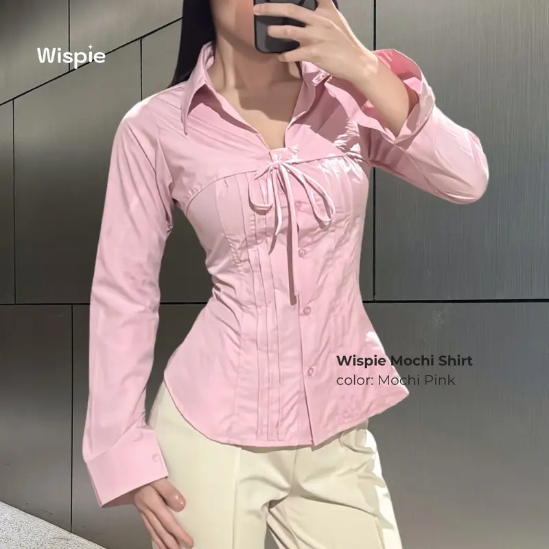 Wispie Mochi Shirt | Kemeja Wanita Lengan Panjang Tali Pita Slim Fit Soft Touch Parachute Blue Pink Cream Grey 2