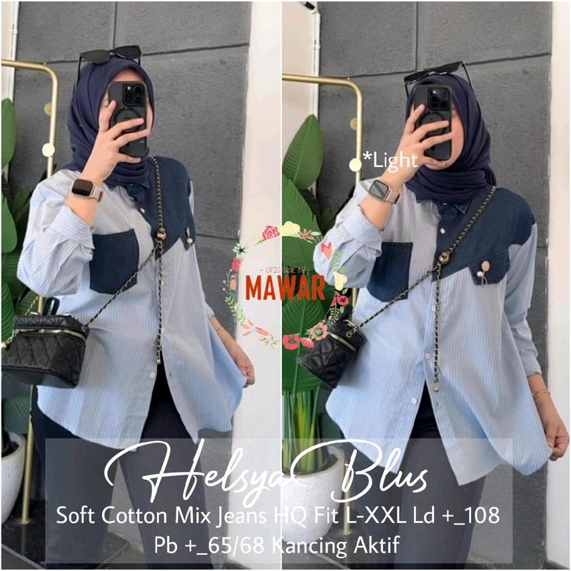 ATASAN WANITA MODIS HELSYA BLOUSE ORI SOLO BAHAN SOFT KATUN MIX JEANS LD 108 KANCING AKTIF Nyaman Panjang Muslim 1