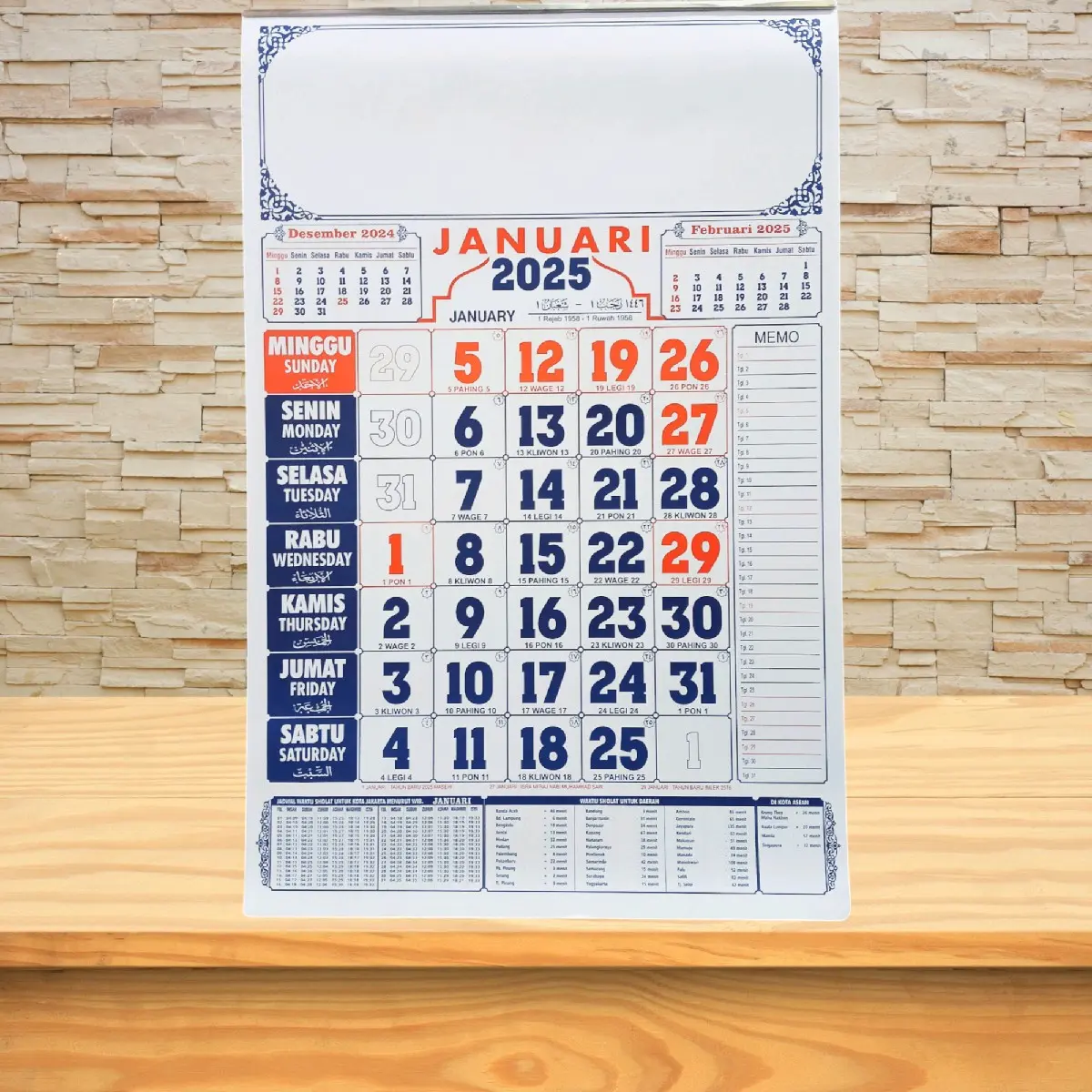 Kalender Dinding 2025 Kertas 80 GSM Lengkap dengan Jadwal Sholat - Bahan Kertas HVS