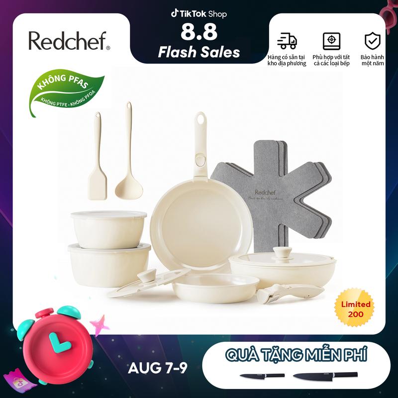 Redchef Bộ 16 Nồi Chảo Chống Dính Không Độc Hại Tay Cầm Tháo Rời Phù Hợp Mọi Loại Bếp Không Chứa PFAS PTFE PFOA