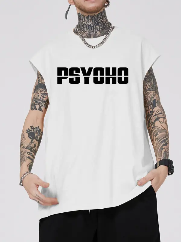 Men's Letter Print Round Neck Tank Top, Regular Fit Casual Sleeveless Crew Neck Top for Summer, Men's Clothes for Daily Wear, Socks 5