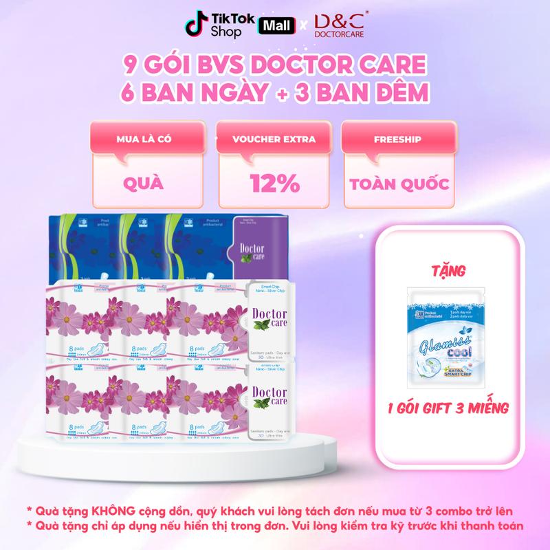 [KOL] COMBO 9 gói Băng vệ sinh Doctor care D&C mát lạnh (6 Ban ngày 24cm và 3 ban đêm 33,8cm) [TẶNG 1 GIFT 3 MIẾNG BVS GLAMISS COOL EXTRA - 2HN1BN]
