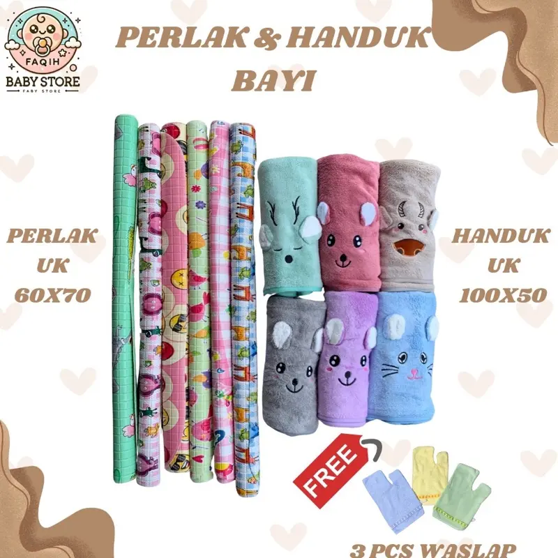 ￼PAKET HEMAT HANDUK BAYI 50cmX100CM + PERLAK BAYI 60x70CM FREE 3PCS WASLAP ~ Faqih Baby Store 0