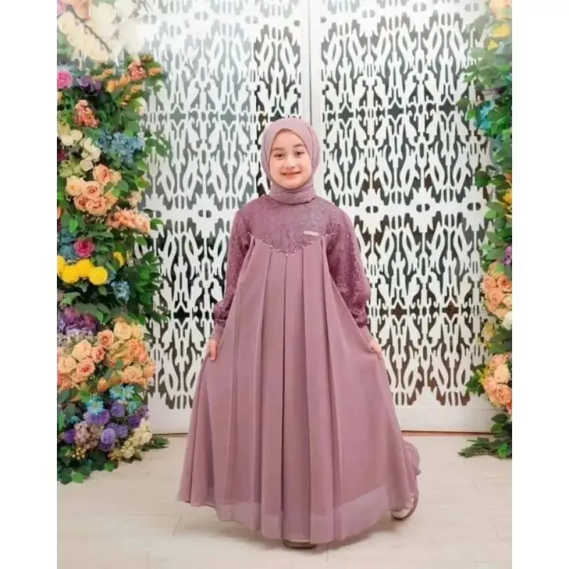 Inara kids set khimar gamis anak perempuan usia 3-14 tahun S.M.L.XL / gamis kondangan anak terbaru Baju Ceruty Muslim Dress
