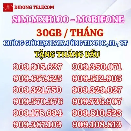Sim 4G MXH100 có sẵn truy cập mạng xã hội miễn phí , 30GB lướt web có sẵn tháng đầu Mobifone 0