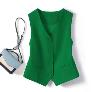 [Alana] Rompi Wanita Elegan High Twist Vest Hijau dengan Kancing dan Saku Stylish untuk Tampilan Mewah