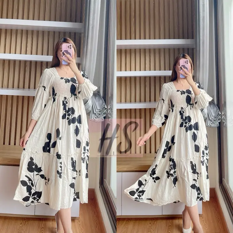 MIDI DRESS BIGFLOW SMOK AT/rayon diamond premium Casual Lembut Wanita Panjang Etnik Nyaman Twill well 2