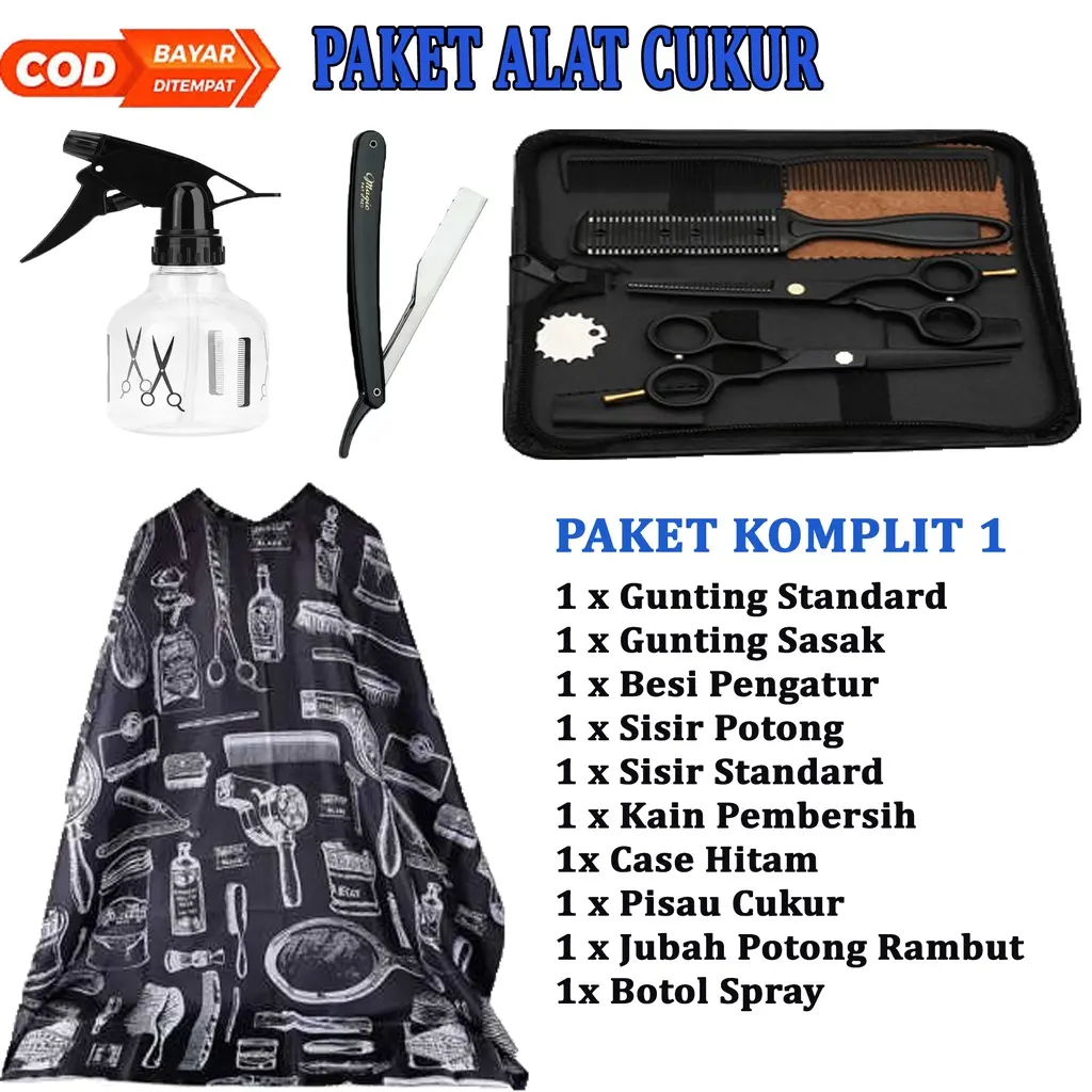 Paket Alat Cukur Gunting Rambut Gunting Sasak Profesional Barbershop Salon Hitam Jepit Sisir Silver