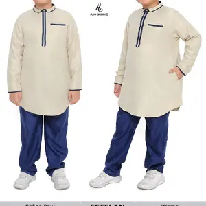 Setelan Celana Koko Kurta Anak Usia 3-13 Tahun Lengan Panjang Katun Polos Kombinasi List Muslim B2101