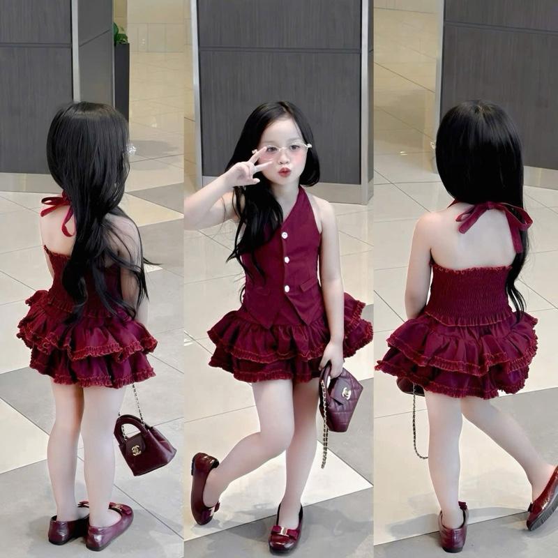 Bộ Váy 2 Chi Tiết Cho Bé Gái Size 10-30kg Màu Đỏ Sẫm Thiết Kế Đẹp mê li