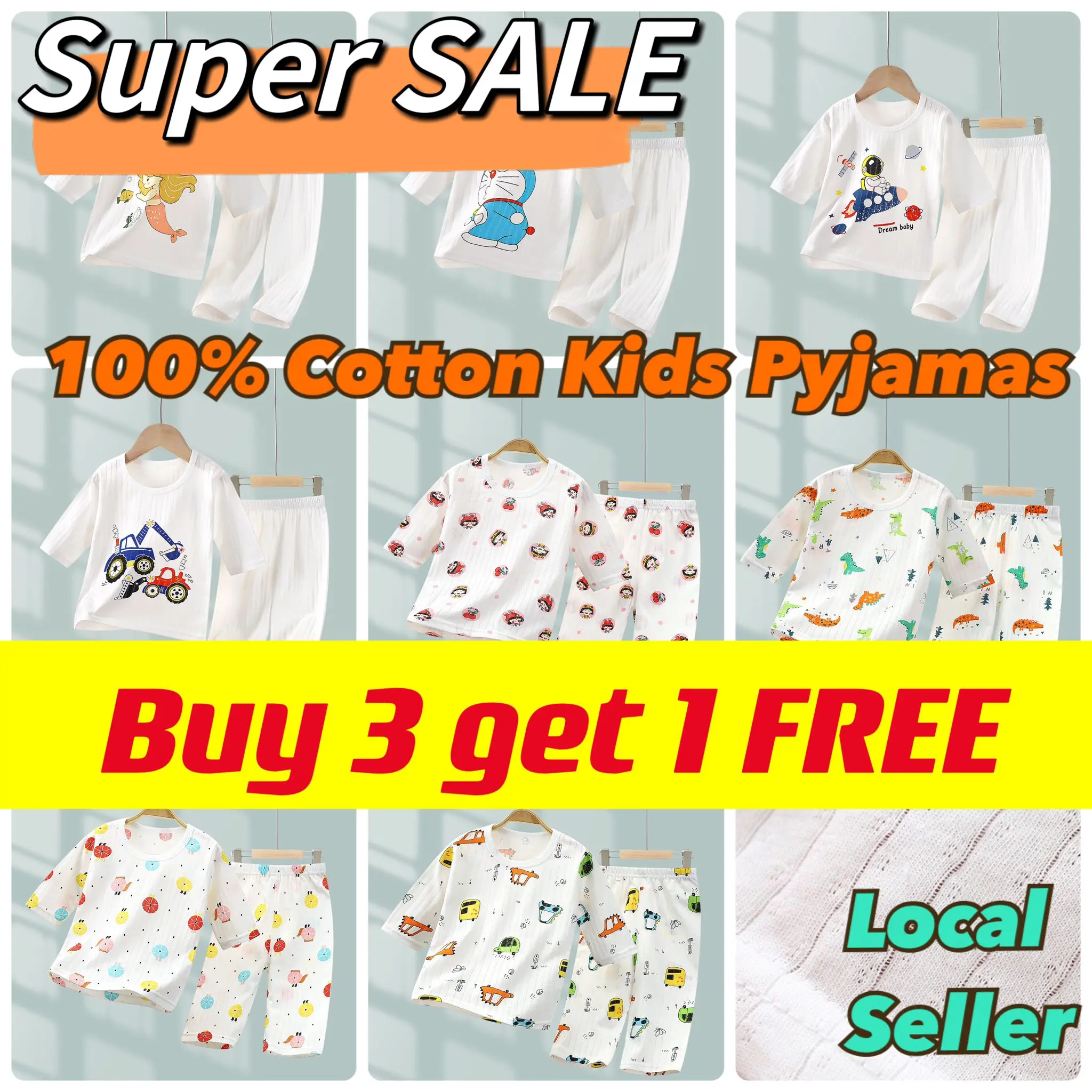 [MEGA CLEARANCE] 100% Cotton Kids Pajamas (3 quarter length) (Mesh cotton)