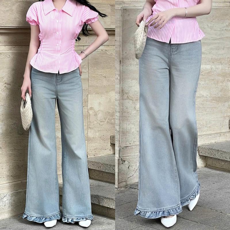 THE QUẠO - Quần Jeans Nữ Ống Loe 30cm Lưng Cao Màu Xanh Nhạt Bụi S0907_737