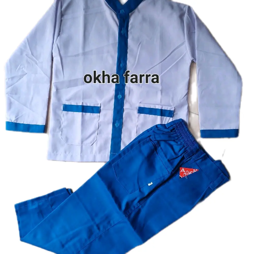 okhafarra stelan celana panjang karet biru benhur TK SD MI / baju putih list biru / seragam sekolah