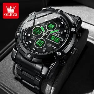 OLEVS Jam Tangan Pria Anti Air Original Digital Multifungsi Kronograf LED Alarm Tahan Air 30 Meter Hitam Men Watches Cod with Kotak Ori