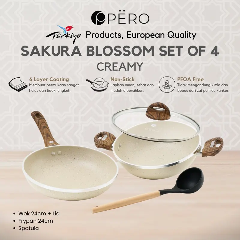 [Exclusive Koko Panci PO 10 Juli] Pero Hampers Ramadhan Sakura Blossom Granite Cookware 24cm Set of 4 Glass Lid /  Pero Hampers Lebaran Wajan Set Penggorengan Frypan dengan Tutup Kaca Free Spatula Silicone / Kitchenware 2