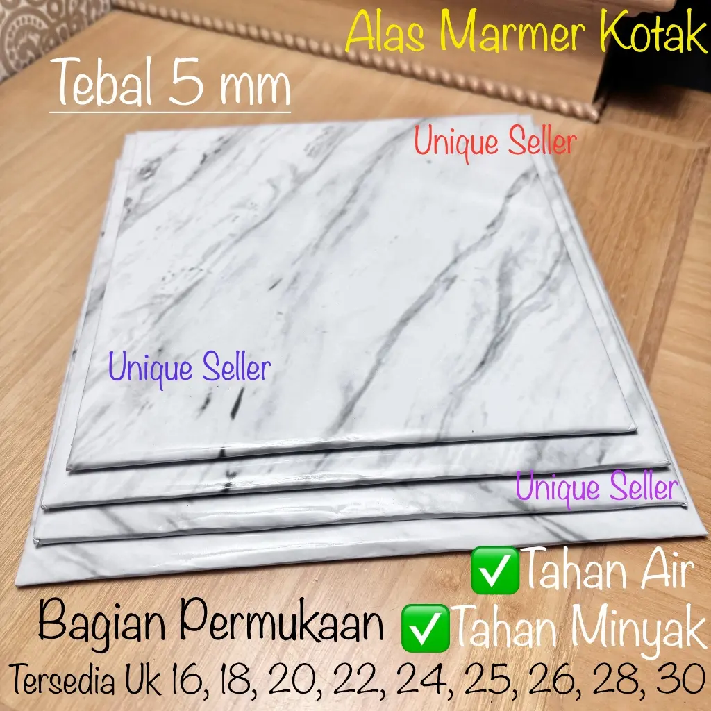 Alas Kue Tart Uk 16 18 20 22 24 25 26 cm KOTAK MARMER MARBLE PUTIH WHITE Tebal 5 mm / Cake Board Kotak Marmer Putih 16cm 18cm 20cm 22cm 24cm 25cm 26cm / Tatakan Kue Tart Kotak Motif Marmer Marble 16x16 18x18 20x20 22x22 24x24 25x25 26x26 cm EpiqueSeller