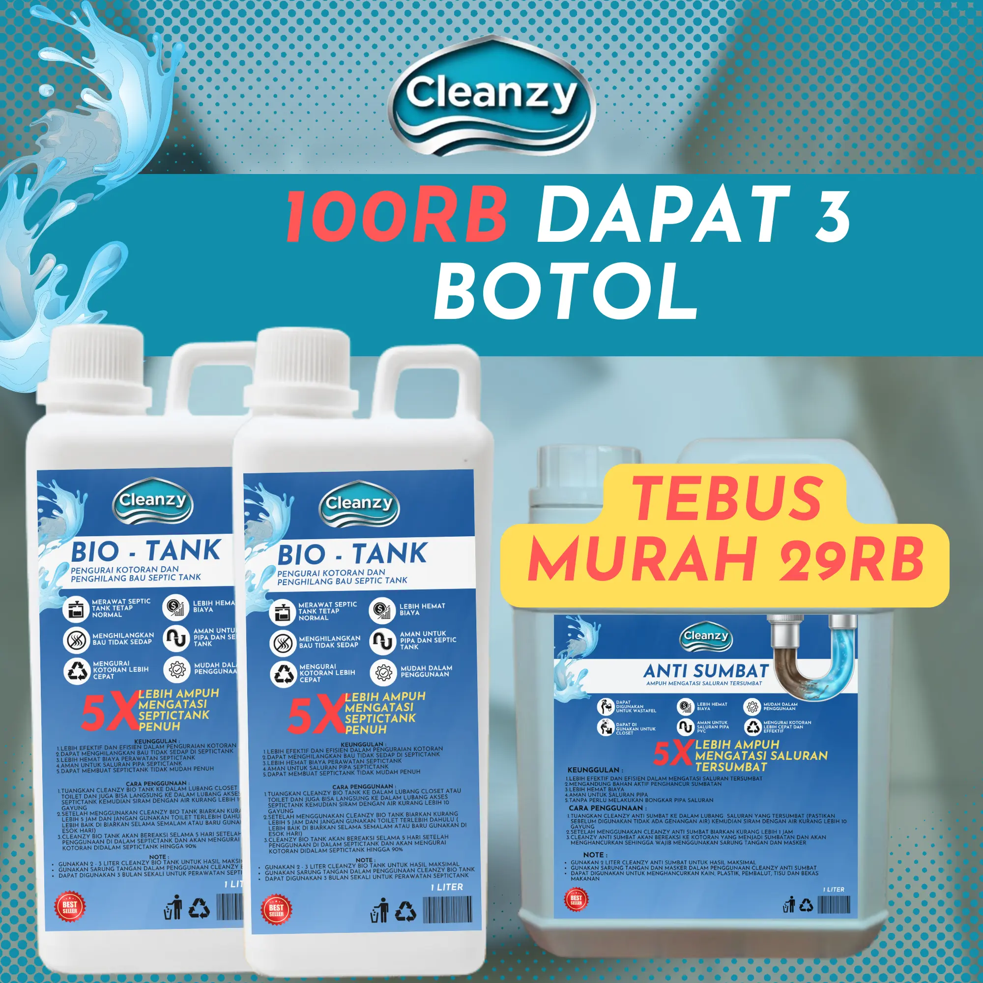 100rb dapat 3 Botol Cleanzy Bio Tank Solusi Septictank Penuh Wc Mampet Tanpa Sedot WC Pengurai Kotoran Septictank dan Penghilang Bau tebus Murah Cleanzy Anti sumbat