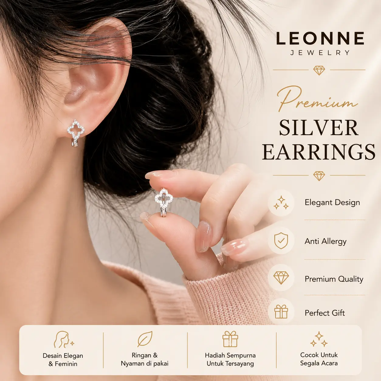 LEONNE Anting Clover Zircon Silver French Luxury Earrings Premium Anti Karat Anti Alergi A149