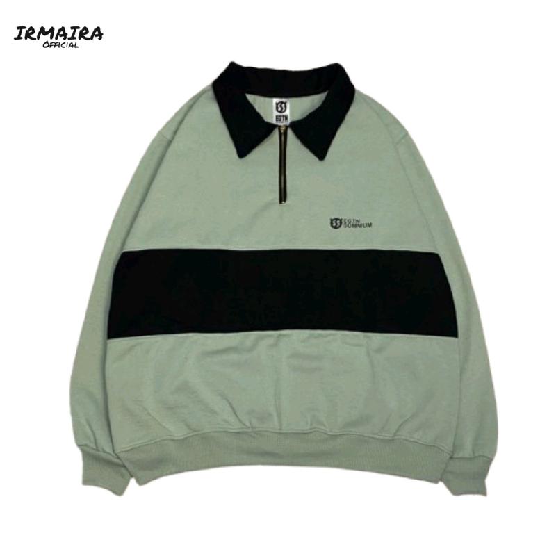 Sweater Model Vintage Rugby Kerah Zipper Hitam Kombinasi Mint Halfzip Unisex 0