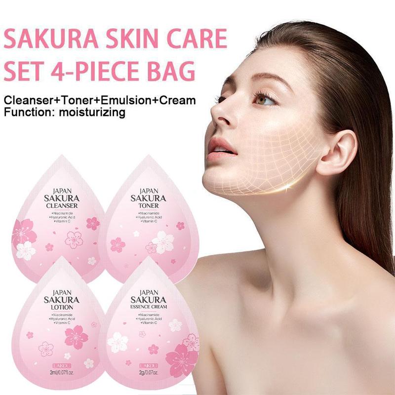 【Bộ du lịch】Sản phẩm làm sạch da mặt, nước hoa hồng, emulsi và kem LAIKOU Sakura – dưỡng ẩm sâu, làm mềm mịn (T4R1)
