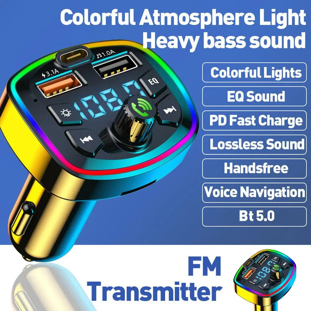 Bluetooth 5.0 Car Wireless FM Transmitter Adapter 2USB PD Charger Hands-Free With Colorful RGB K5H4